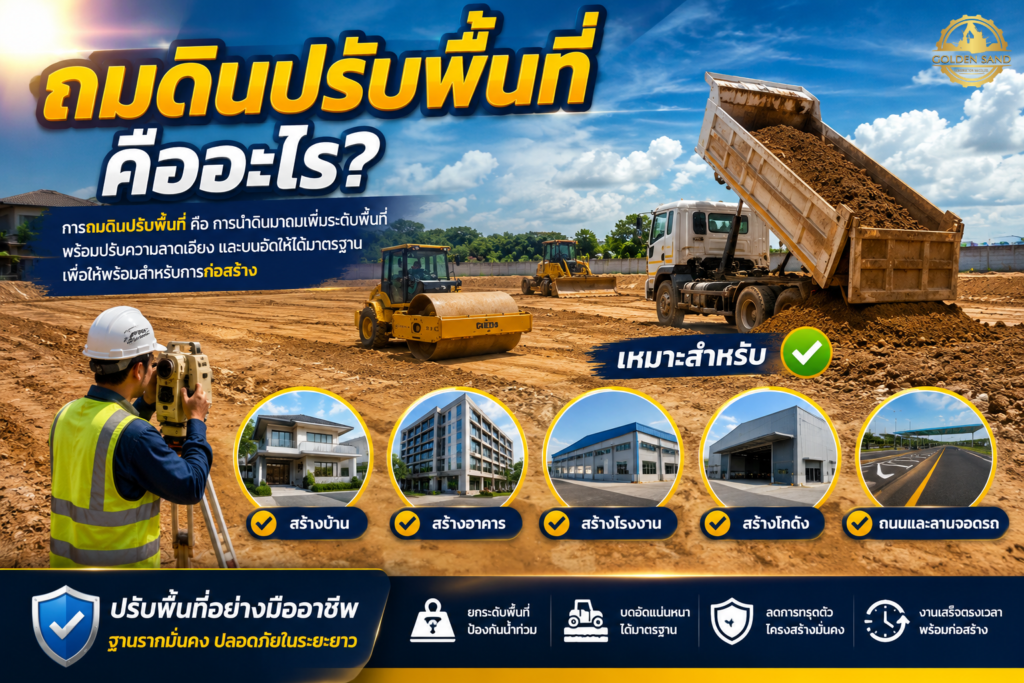 การถมดินปรับพื้นที่ คือ การนำดินมาถมเพิ่มระดับพื้นที่ พร้อมปรับความลาดเอียงและบดอัดให้ได้มาตรฐาน เพื่อให้พร้อมสำหรับการก่อสร้าง