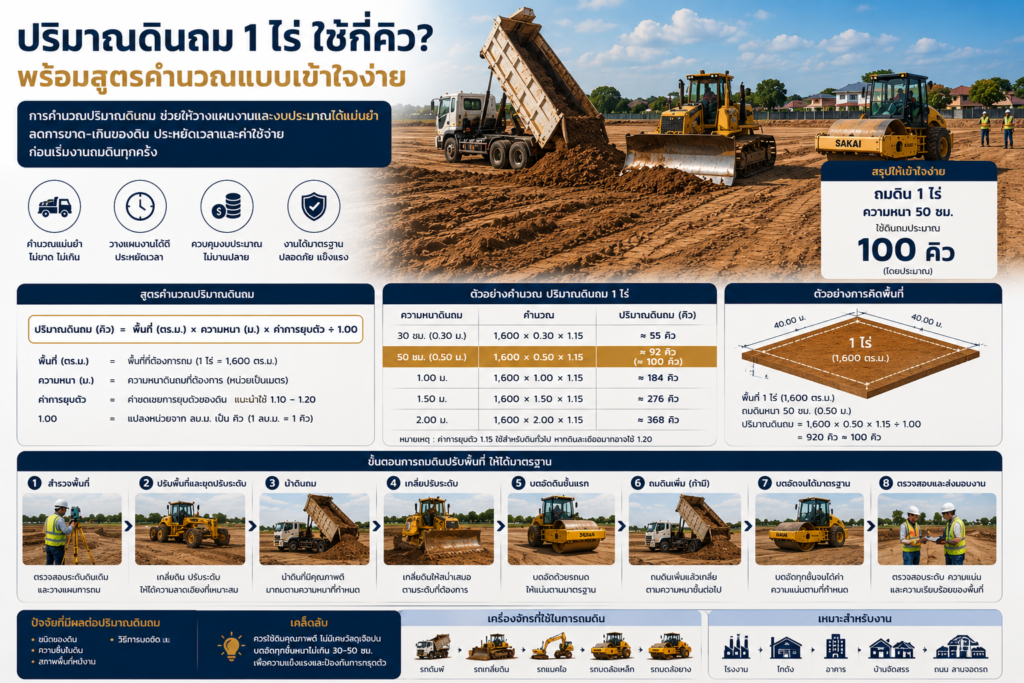 ปริมาณดินถม 1 ไร่ ใช้กี่คิว? ตารางคำนวณตั้งแต่ 30 ซม.–2 เมตร